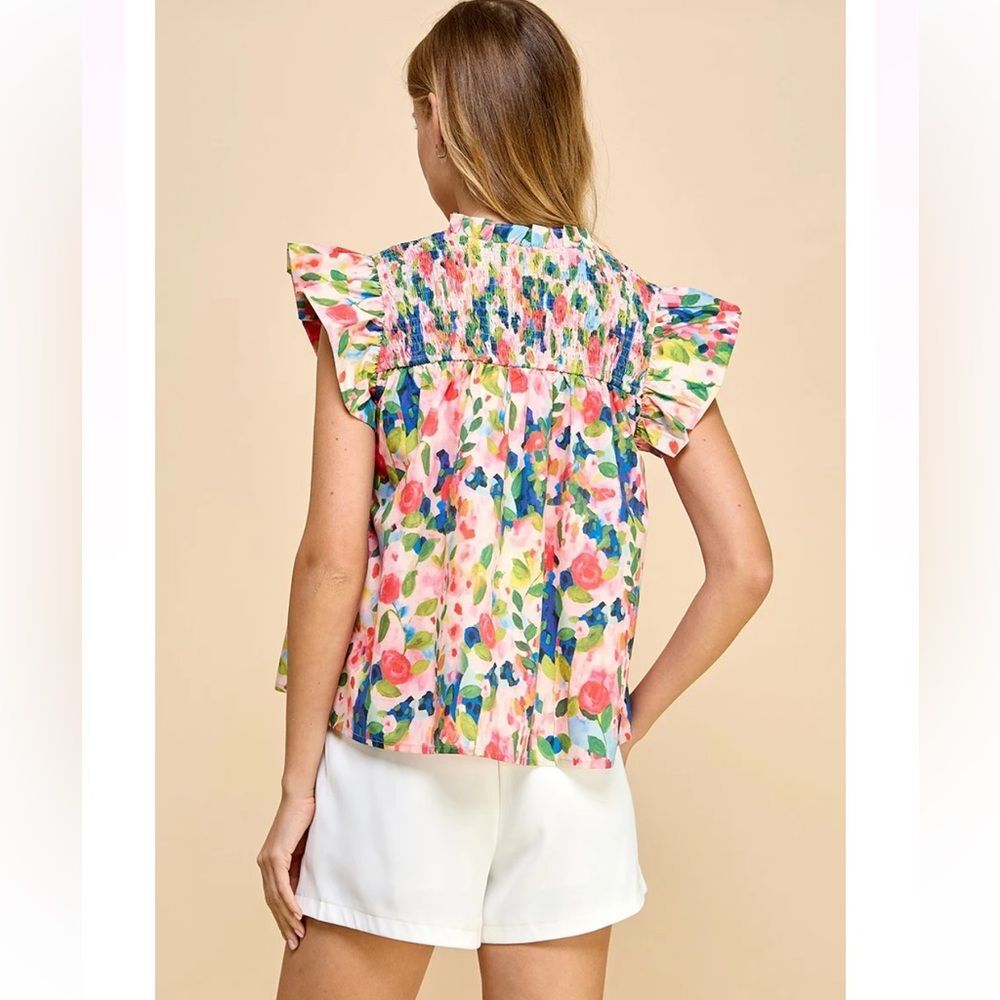 TCEC Multicolor Floral Blouse with Ruffle Sleeves Large - Picture 2 of 10